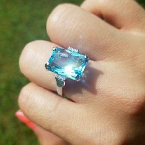 NEW HUGE AQUAMARINE DIAMOND 925 SILVER RING